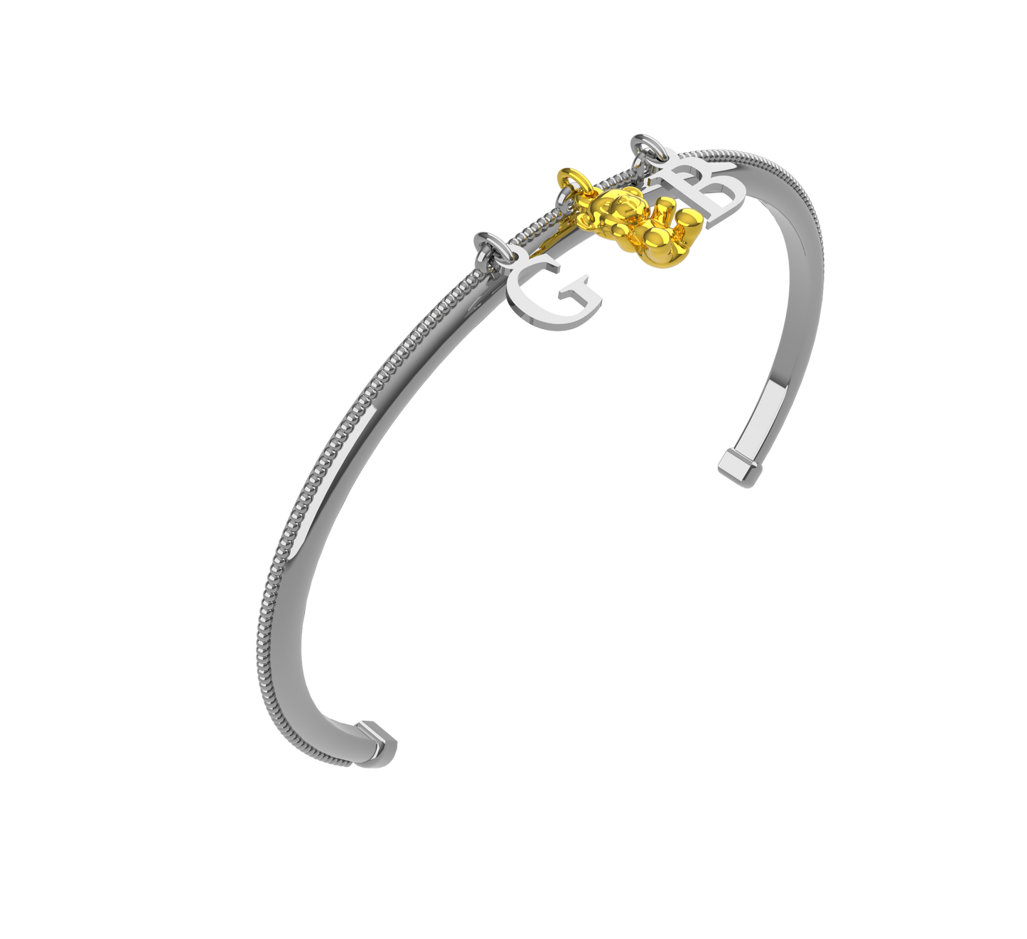 Bracciale rigido in argento con lettere personalizzabili e charm orsacchiotto in oro 9 carati