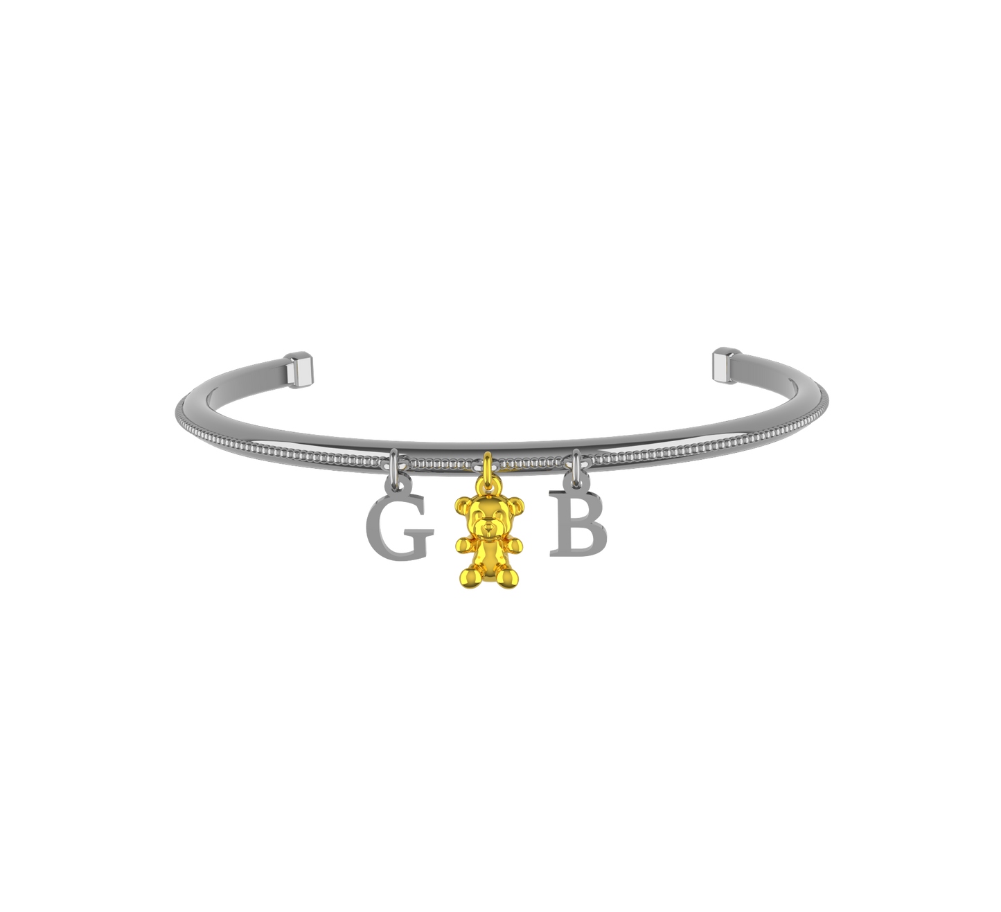 Bracciale rigido in argento con lettere personalizzabili e charm orsacchiotto in oro 9 carati