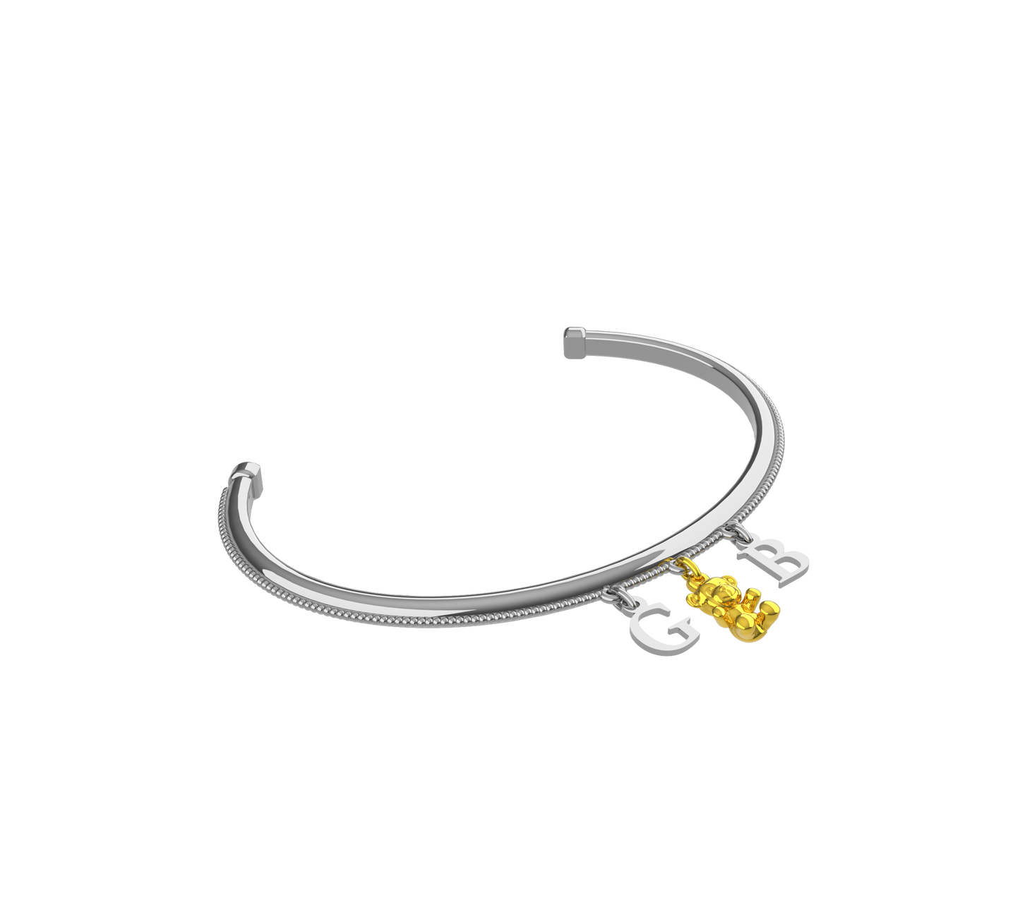 Bracciale rigido in argento con lettere personalizzabili e charm orsacchiotto in oro 9 carati