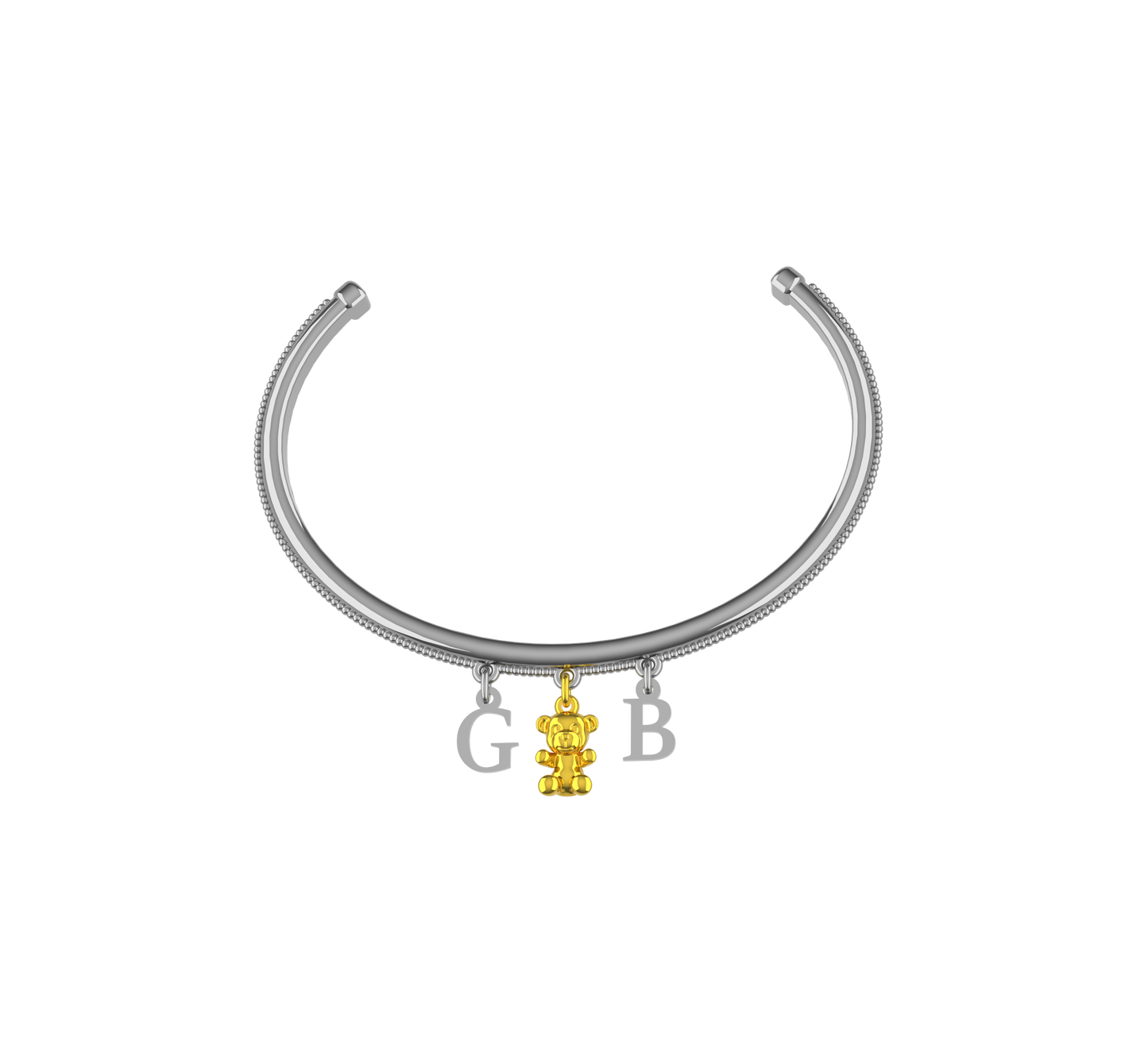 Bracciale rigido in argento con lettere personalizzabili e charm orsacchiotto in oro 9 carati