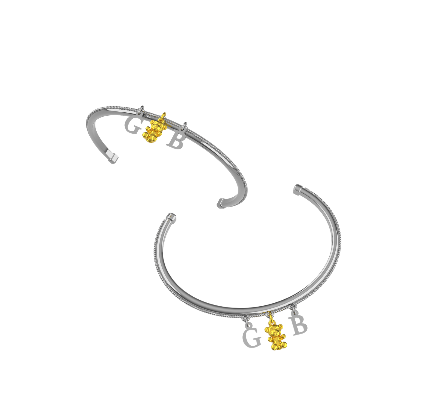 Bracciale rigido in argento con lettere personalizzabili e charm orsacchiotto in oro 9 carati