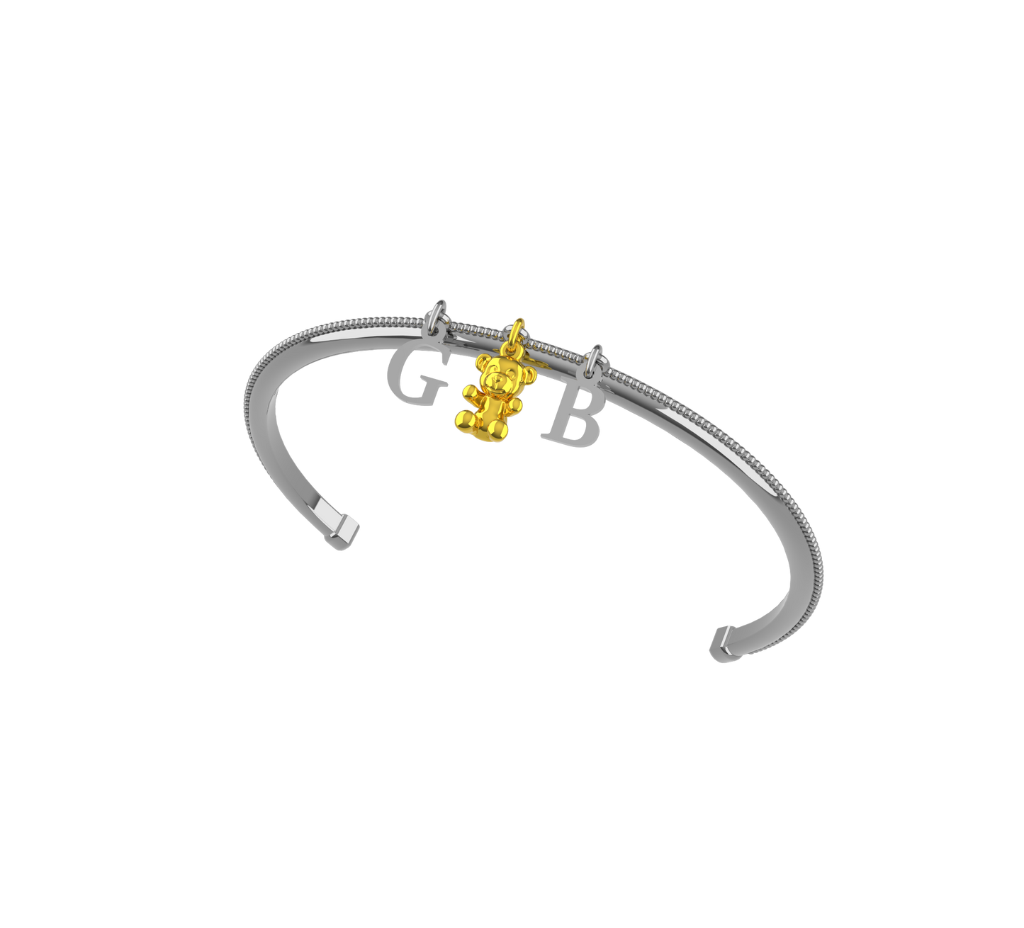 Bracciale rigido in argento con lettere personalizzabili e charm orsacchiotto in oro 9 carati
