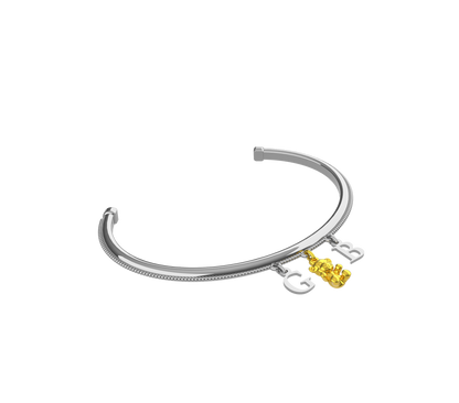 Bracciale rigido in argento con lettere personalizzabili e charm orsacchiotto in oro 9 carati