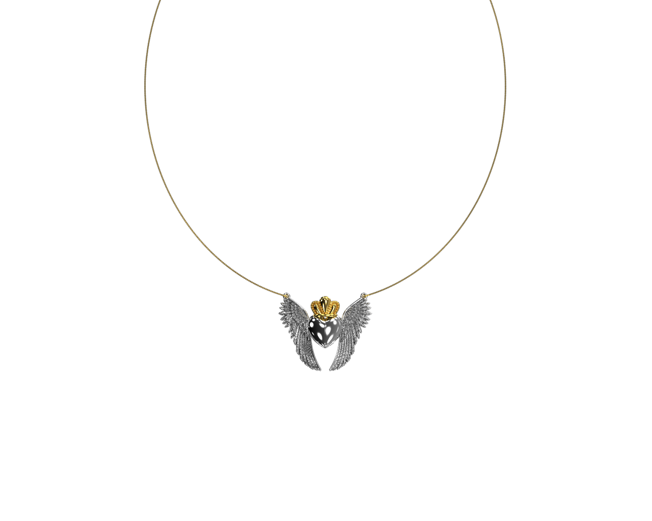 Collana Cuore Alato con Corona. Argento 925 e Oro 9K
