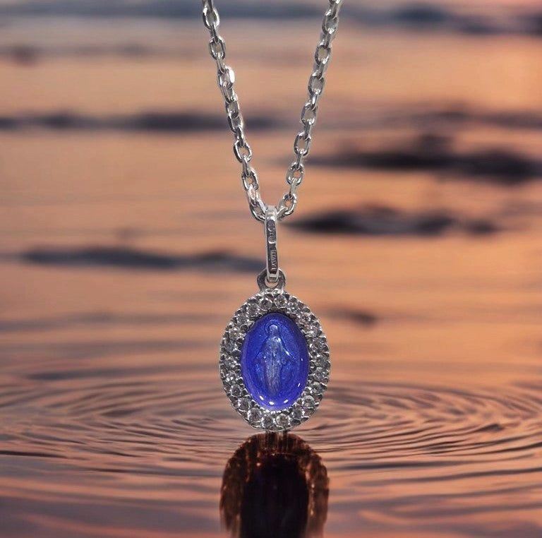 Collana in Argento 925 con Pendente Madonna di Lourdes e Zirconi