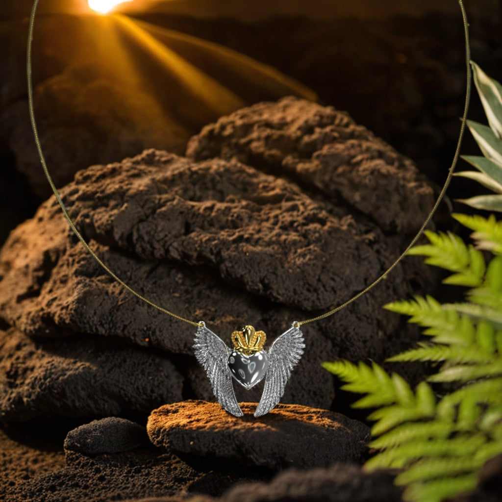 Collana Cuore Alato con Corona. Argento 925 e Oro 9K