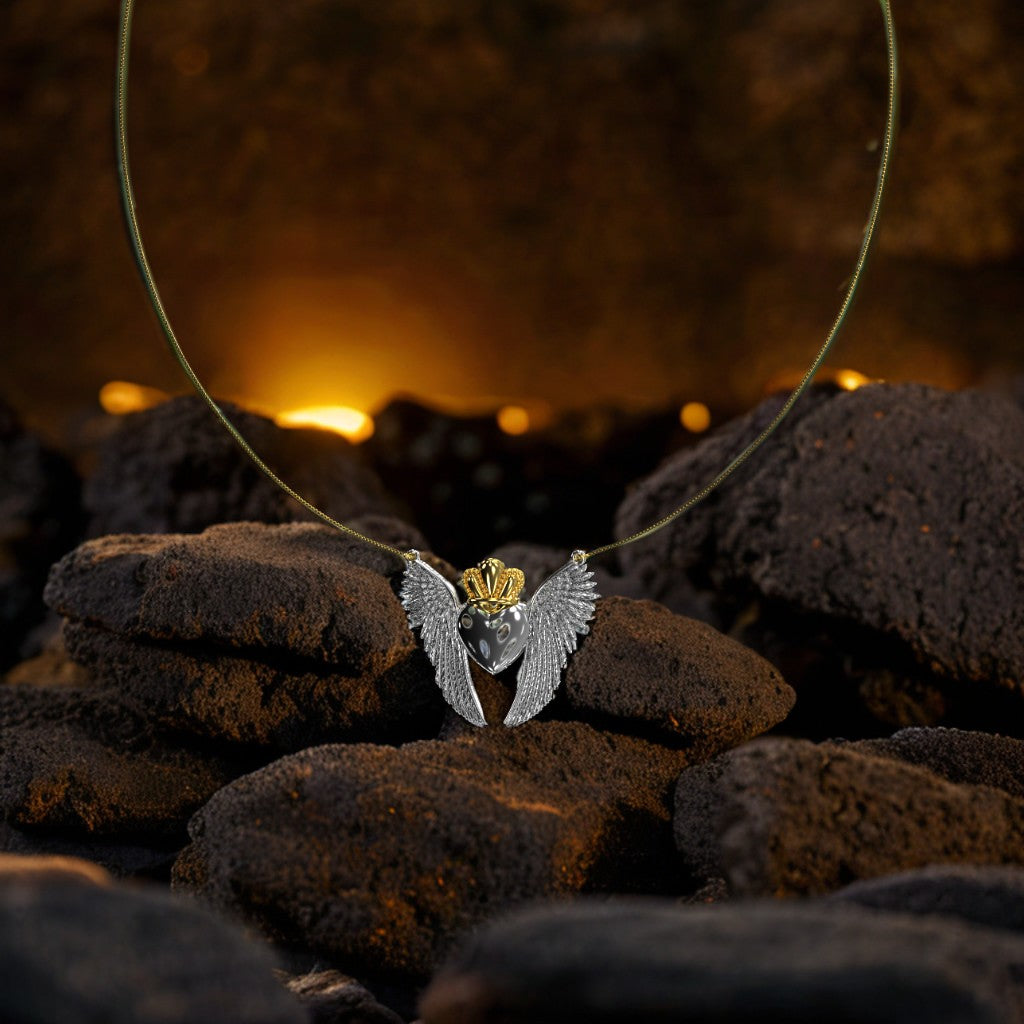 Collana Cuore Alato con Corona. Argento 925 e Oro 9K