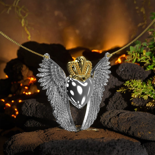 Collana Cuore Alato con Corona. Argento 925 e Oro 9K